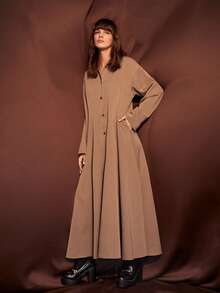 Solid Drop Shoulder Button Up Shirt Dress - Brown - View 5