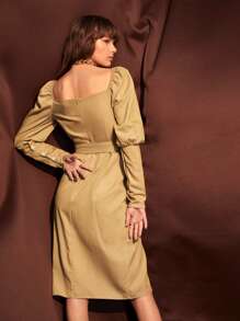 SHEIN Unity Đầm Thắt lưng Nút Dây kéo Tách cao màu trơn Thanh lịch - Màu Khaki - Xem 2