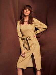 SHEIN Unity Đầm Thắt lưng Nút Dây kéo Tách cao màu trơn Thanh lịch - Màu Khaki - Xem 4