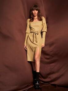 SHEIN Unity Đầm Thắt lưng Nút Dây kéo Tách cao màu trơn Thanh lịch - Màu Khaki - Xem 5