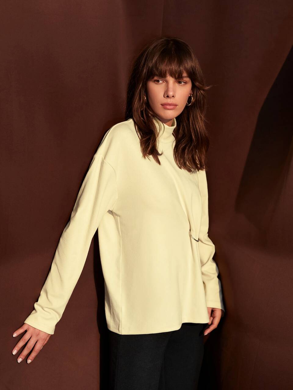 Mock Neck Drop Shoulder Ring Detail Tee