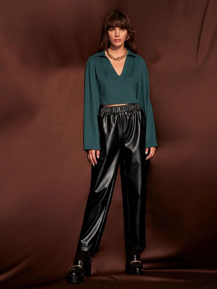 Notched Neck Drop Shoulder Crop Tee