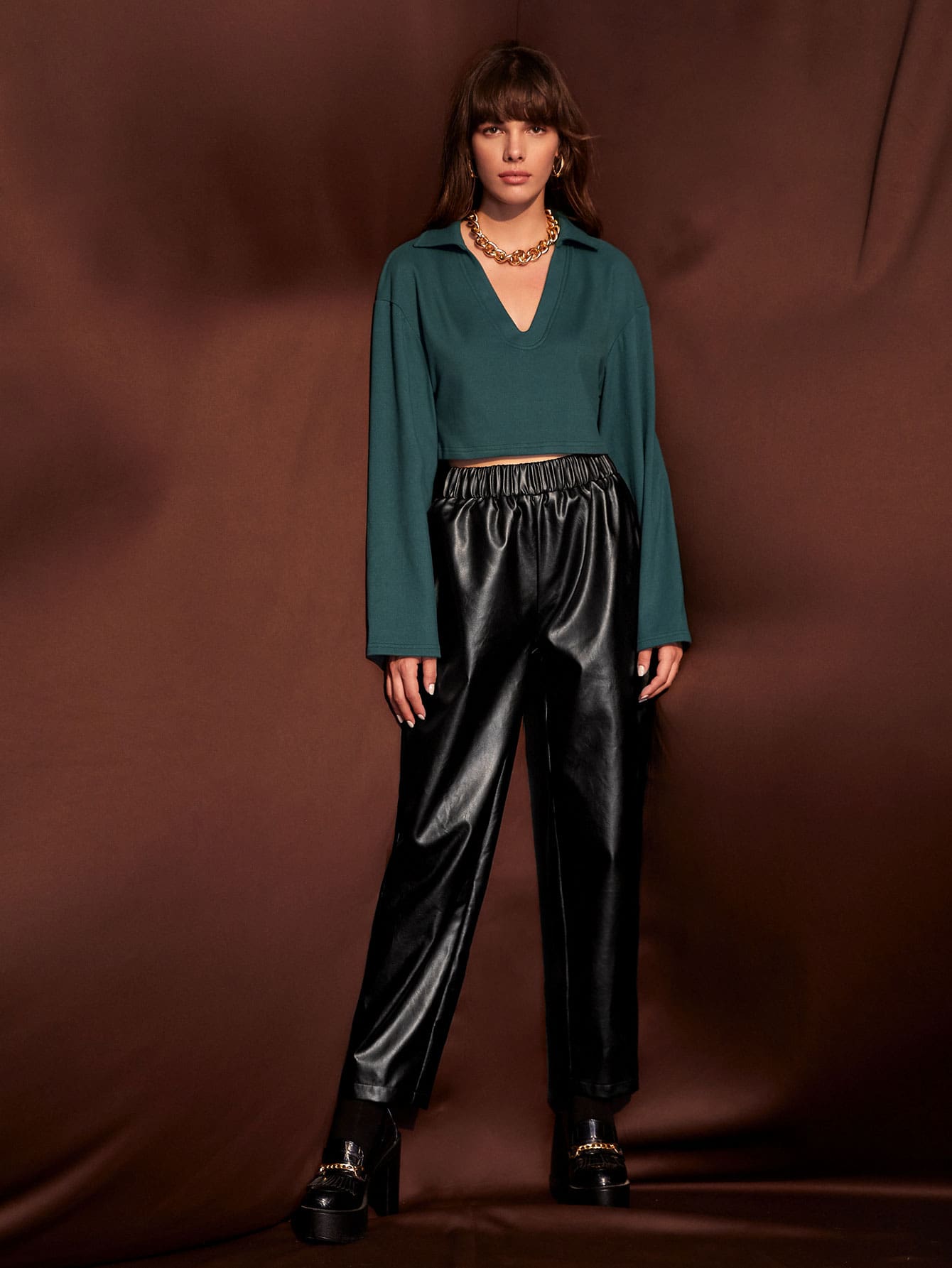 Notched Neck Drop Shoulder Crop Tee