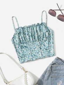 SHEIN Top de tirantes corto floral fruncido delantero - Multicolor - Ver 1