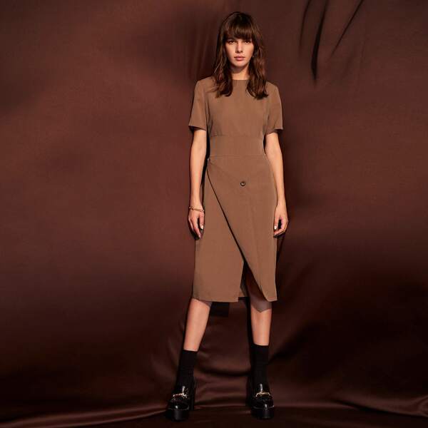 

Single Button Turnover Split Hem Dress, Coffee brown