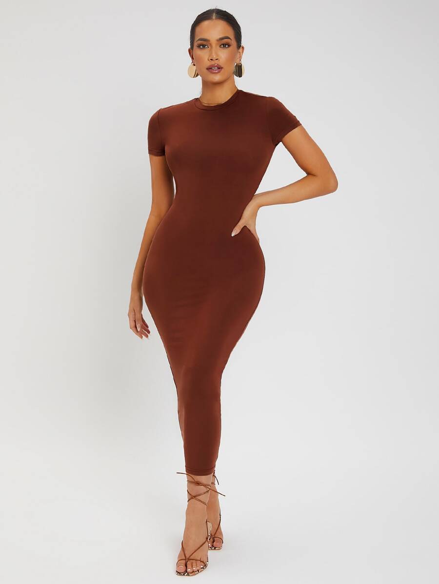 SHEIN SXY Solid Round Neck Bodycon Dress - Rust Brown - View 1