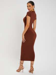 SHEIN SXY Solid Round Neck Bodycon Dress - Rust Brown - View 2