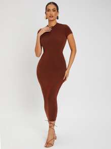 SHEIN SXY Solid Round Neck Bodycon Dress - Rust Brown - View 3