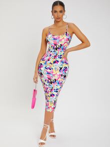 SHEIN SXY 滿版印花露背緊身連衣裙 - 彩色 - 查看 1