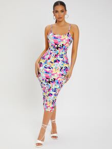 SHEIN SXY 滿版印花露背緊身連衣裙 - 彩色 - 查看 3
