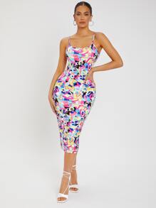 SHEIN SXY 滿版印花露背緊身連衣裙 - 彩色 - 查看 4