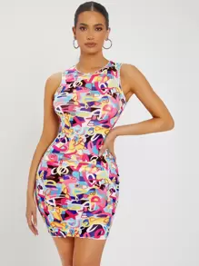 SHEIN SXY Allover Print Mesh Bodycon Dress - Multicolor - View 3