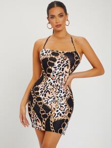 SHEIN SXY Chain & Leopard Print Crisscross Tied Backless Bodycon Dress - Multicolor - View 1