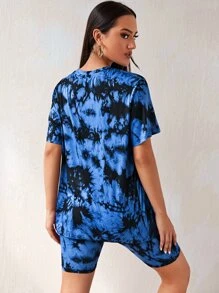 SHEIN EZwear Tie Dye & Letter Graphic Tee & Cycling Shorts Set - Multicolor - View 2