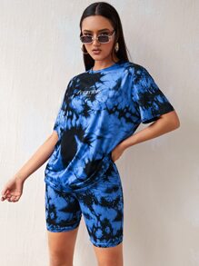 SHEIN EZwear Tie Dye & Letter Graphic Tee & Cycling Shorts Set - Multicolor - View 4