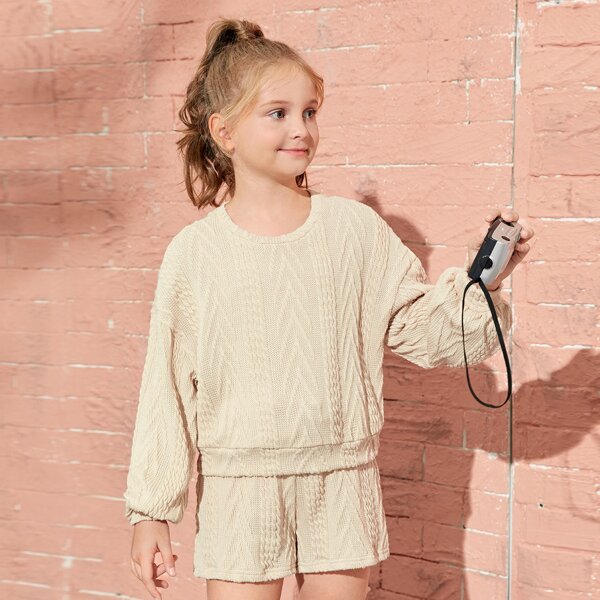

Girls Cable Knit Drop Shoulder Pullover & Shorts Set, Apricot