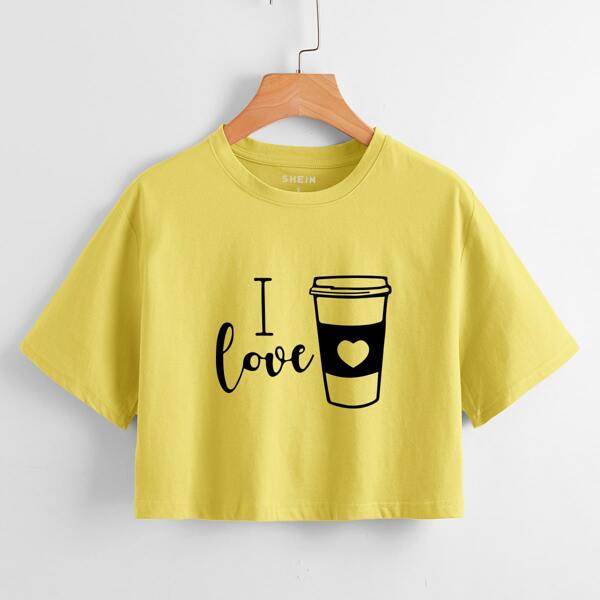 

Heart & Slogan Graphic Crop Tee, Yellow