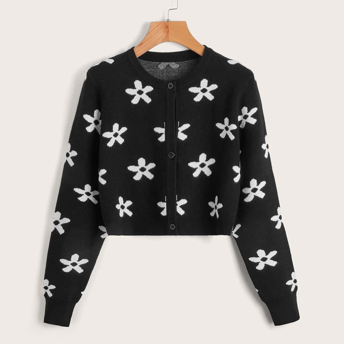 

Floral Pattern Button Front Cardigan, Black