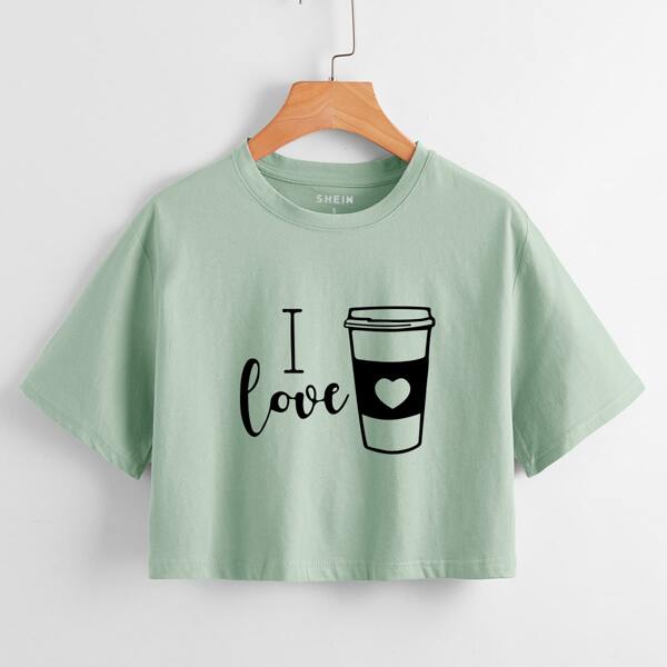 

Heart & Slogan Graphic Crop Tee, Mint green