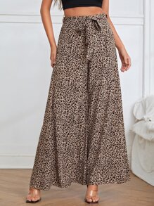 SHEIN Clasi Leopard Print Belted Wide Leg Trousers - Multicolor - View 1