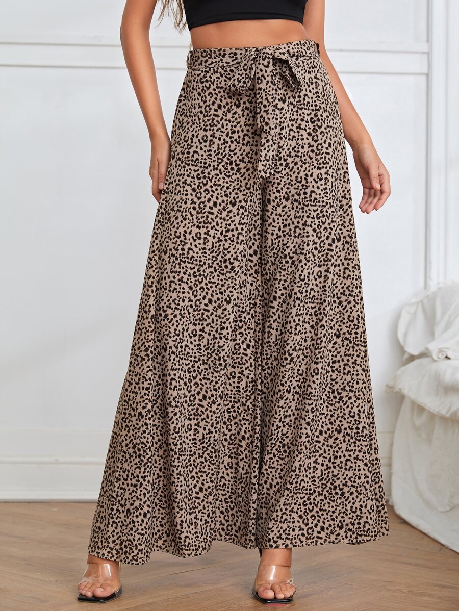 SHEIN Clasi Leopard Print Belted Wide Leg Trousers - Multicolor - View 1