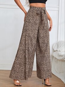 SHEIN Clasi Leopard Print Belted Wide Leg Trousers - Multicolor - View 3