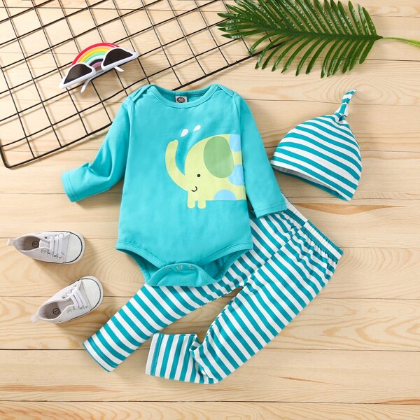 

Baby Elephant Graphic Bodysuit & Striped Pants, Blue