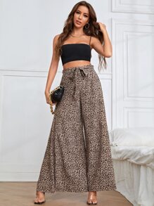 SHEIN Clasi Leopard Print Belted Wide Leg Trousers - Multicolor - View 4