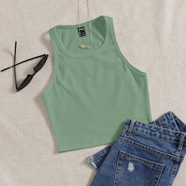 

Solid Rib-knit Tank Top, Green