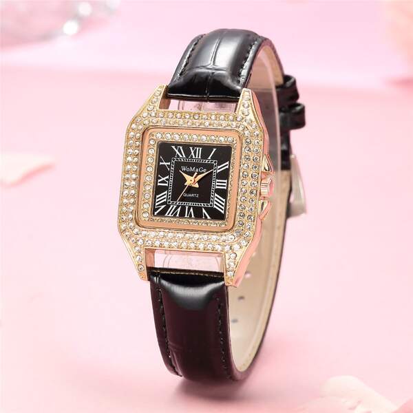 

Rhinestone Decor Square Pointer Quartz Watch