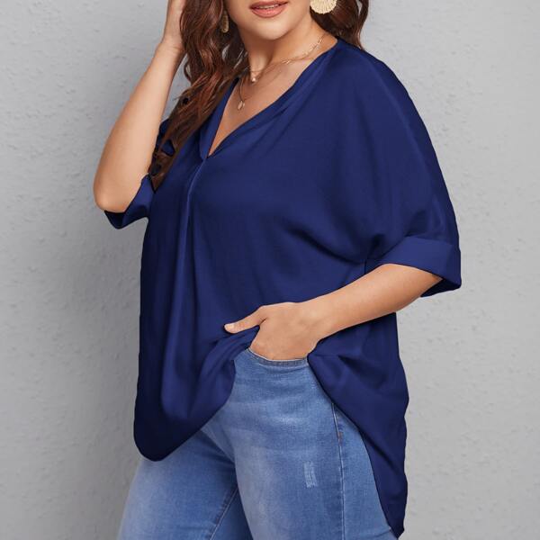 

Plus Solid V-Neck Blouse, Navy blue