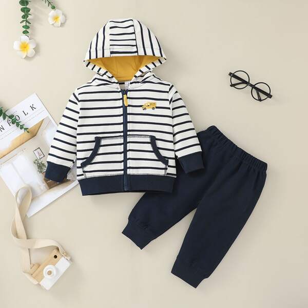 

Baby Striped Car Embroidery Hoodie & Sweatpants, Blue and white