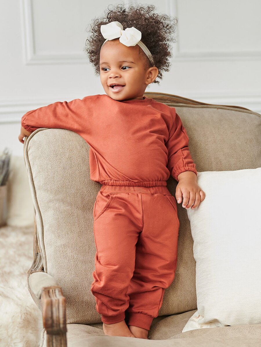 Baby Unisex Solid Batwing Sleeve Sweatshirt With Joggers - Burnt Orange - View 1