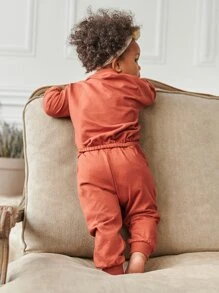 Baby Unisex Solid Batwing Sleeve Sweatshirt With Joggers - Burnt Orange - View 2