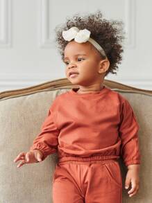 Baby Unisex Solid Batwing Sleeve Sweatshirt With Joggers - Burnt Orange - View 3