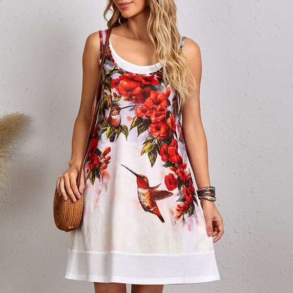 

Floral & Bird Print Tank Dress, Multicolor