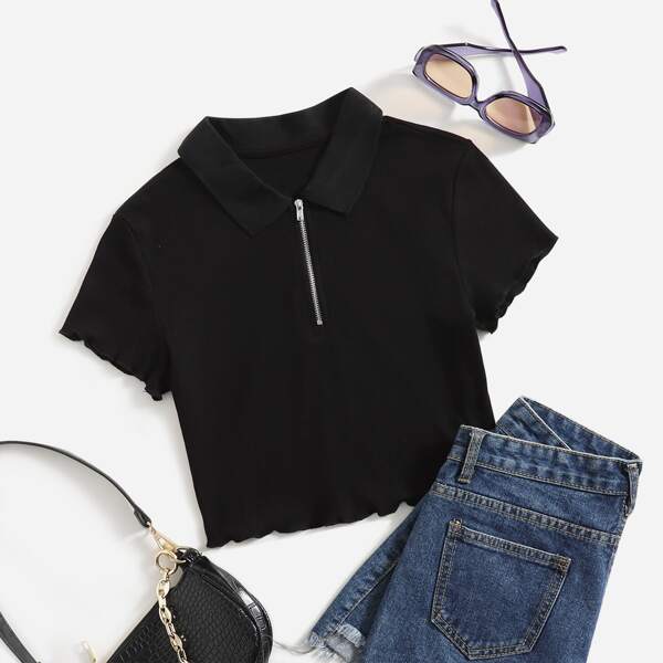 

Zipper Half Placket Lettuce Trim Tee, Black