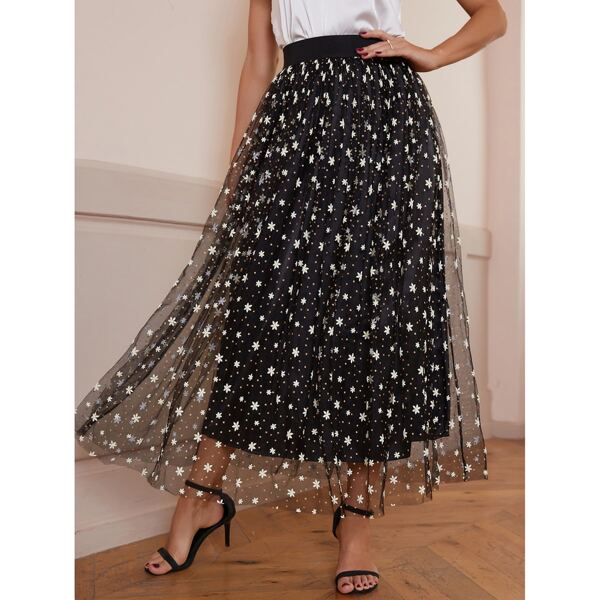 

Floral Embroidery Mesh Skirt, Black