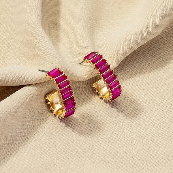

Rhinestone Decor Open Hoop Earrings, Hot pink