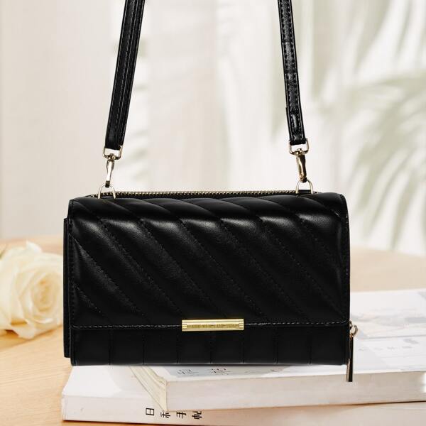 

Metal Decor Quilted Design Crossbody Bag, Black