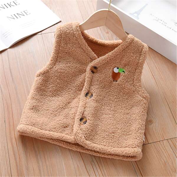 

Toddler Girls Bird Embroidery Flannel Vest Jacket, Khaki