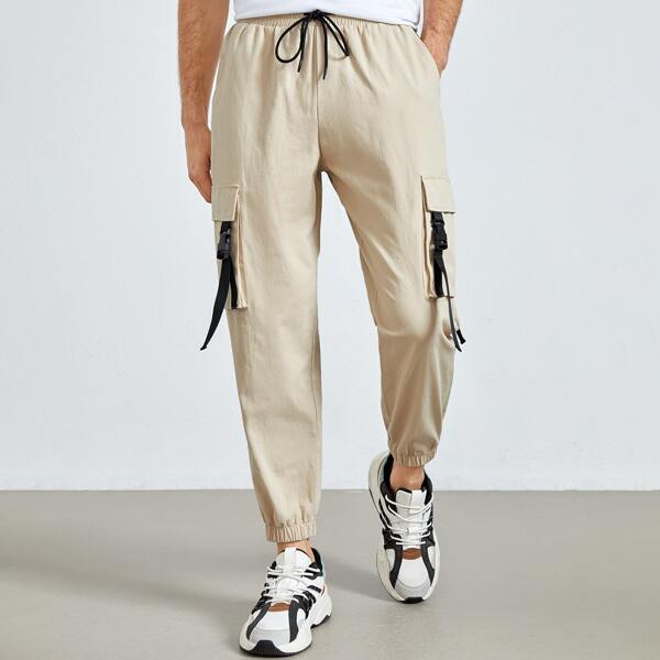 

Men Letter Patch Drawstring Waist Tape Cargo Pants, Khaki