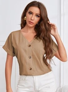 SHEIN Camisa con botón de manga doblada de cuello V - Marrón Mocha - Ver 1