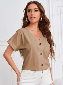 SHEIN Camisa con botón de manga doblada de cuello V - Marrón Mocha - Ver 3