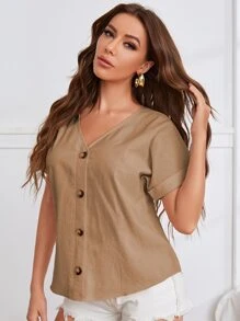 SHEIN Camisa con botón de manga doblada de cuello V - Marrón Mocha - Ver 5