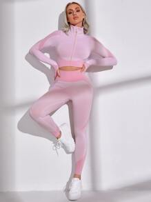 SHEIN Yoga Futuristic 2入組高彈力運動拉鏈開襟短夾克和收復緊身打底褲 - 淺粉色 - 查看 3