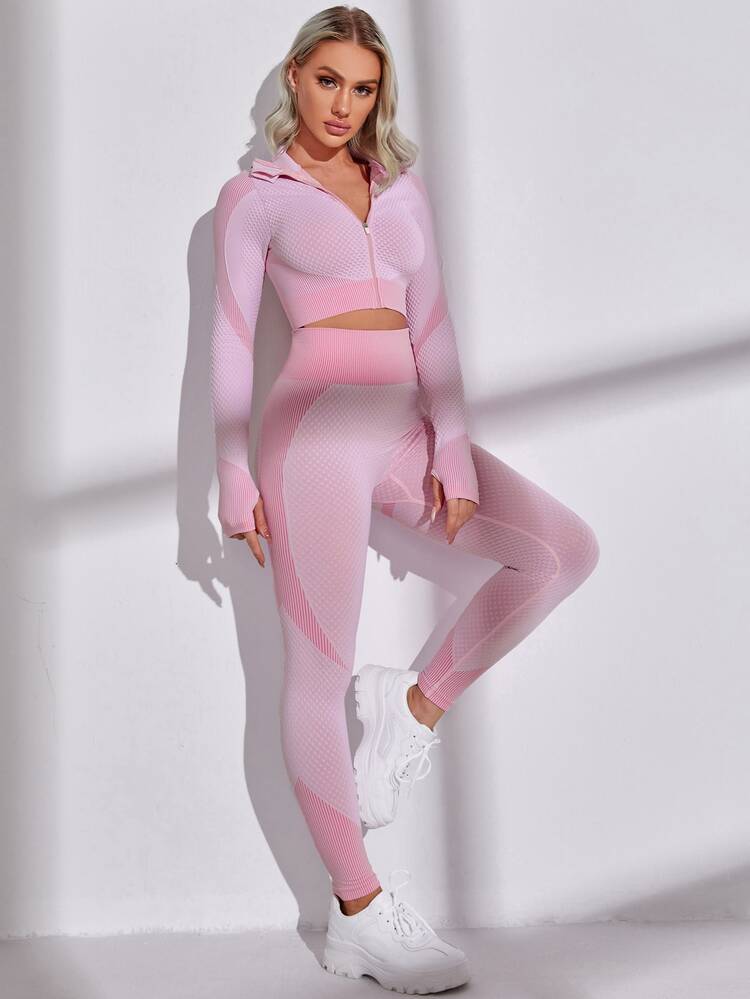 SHEIN Yoga Futuristic 2入組高彈力運動拉鏈開襟短夾克和收復緊身打底褲 - 淺粉色 - 查看 5