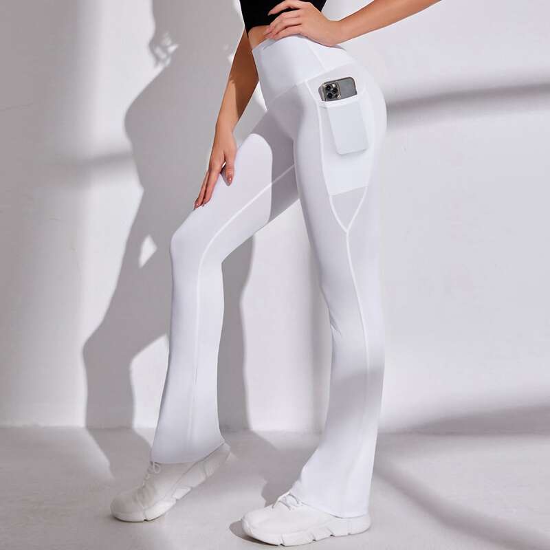 

Wide Band Waist High Stretch Yoga Sports Pants With Phone Pocket, White