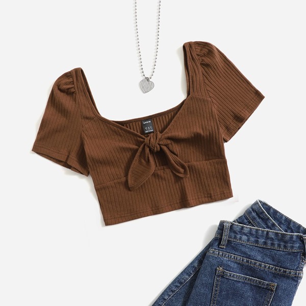 

Tie Front Rib-knit Crop Top, Coffee brown