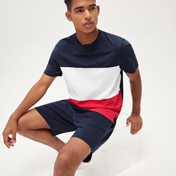 

Men Colorblock Tee & Shorts Set, Multicolor